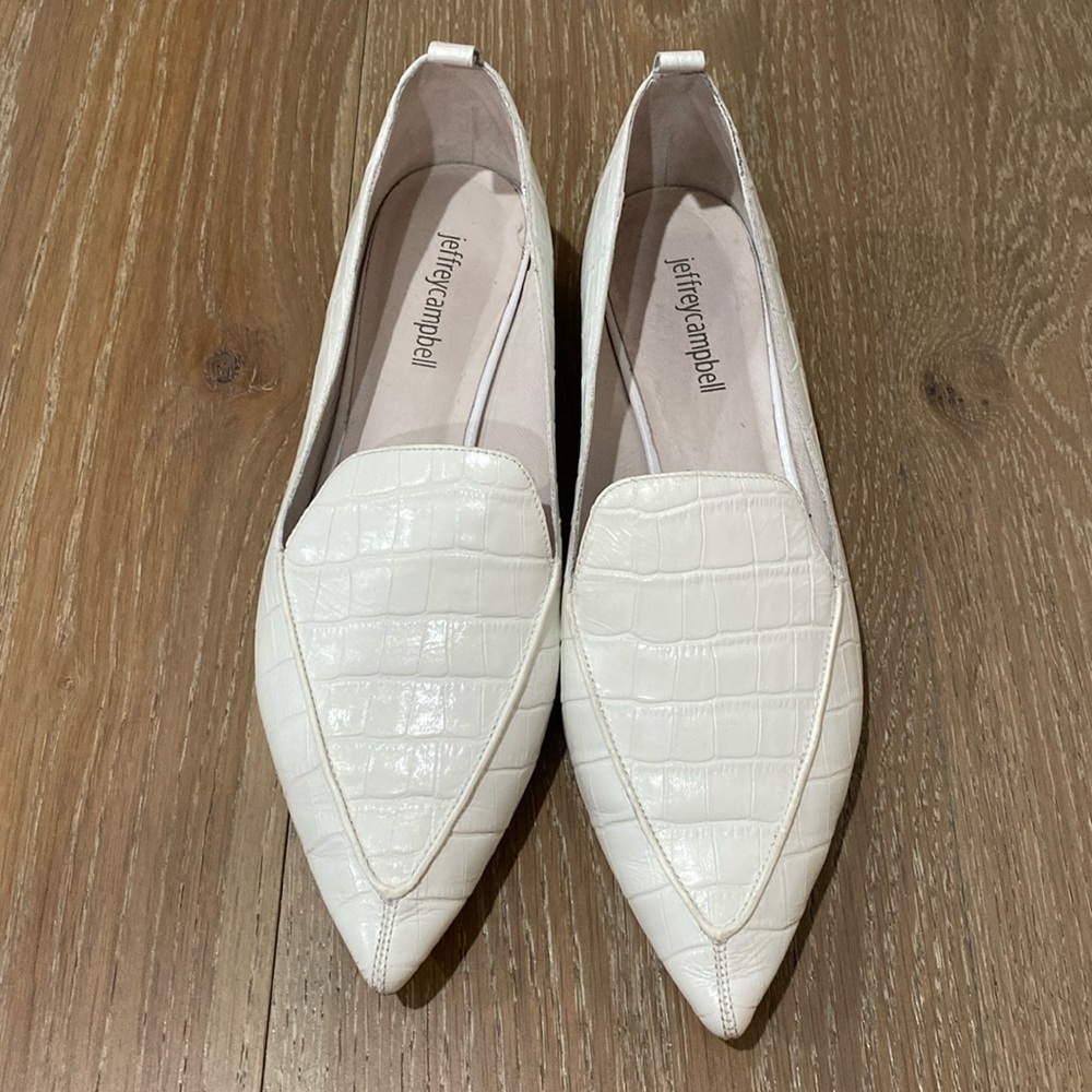 Jeffrey Campbell White Pointed Toe Loafers with round wooden heel. Worn once.